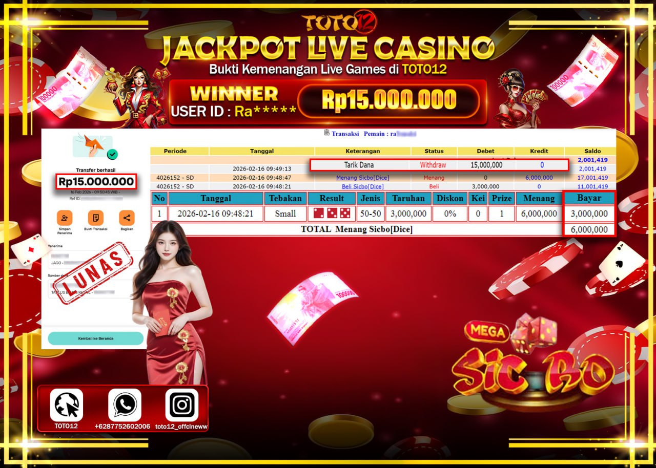 HANYA DI TOTO12 JP PASTI DI BAYAR LUNAS DAN CEPAT!!!!!! JACKPOT  LIVE GAME CASINO (MEGA SIC BO ) Rp.15.000.000!!!!