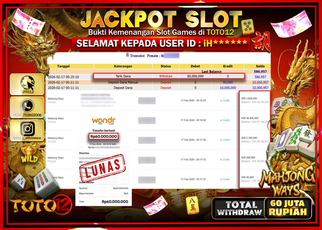 HANYA DI TOTO12 JP PASTI DI BAYAR LUNAS DAN CEPAT!!!!!! JACKPOT SLOT GAME (MAHJONG WAYS) Rp.60.000.000!!!!