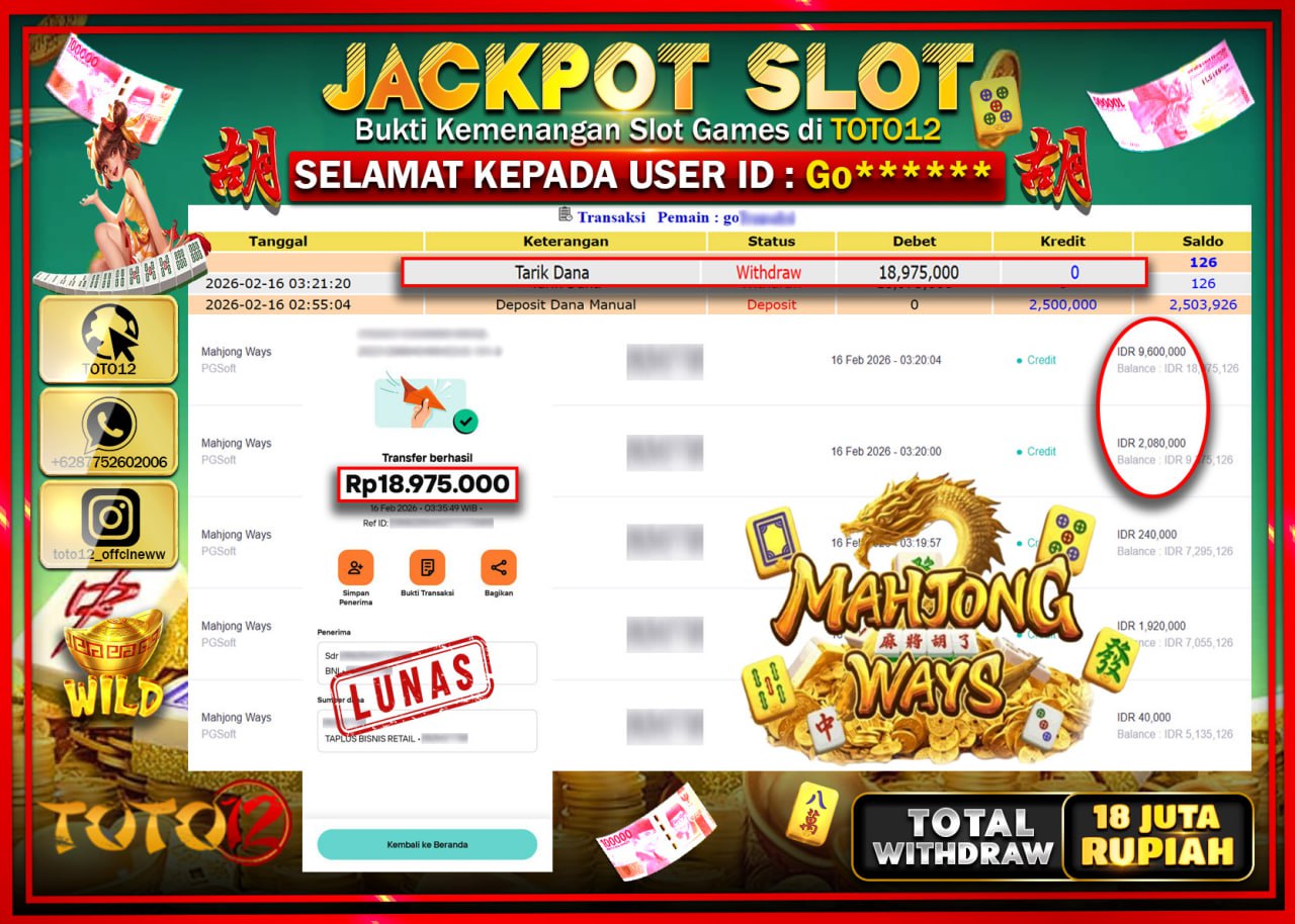 HANYA DI TOTO12 JP PASTI DI BAYAR LUNAS DAN CEPAT!!!!!! JACKPOT SLOT GAME (MAHJONG WAYS) Rp.18.975.000!!!!