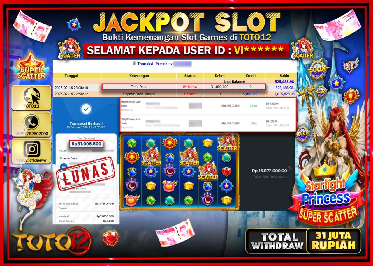 HANYA DI TOTO12 JP PASTI DI BAYAR LUNAS DAN CEPAT!!!!!! JACKPOT SLOT GAME (STARLIGHT PRINCESS SUPER SCATTER) Rp.31.000.000!!!!