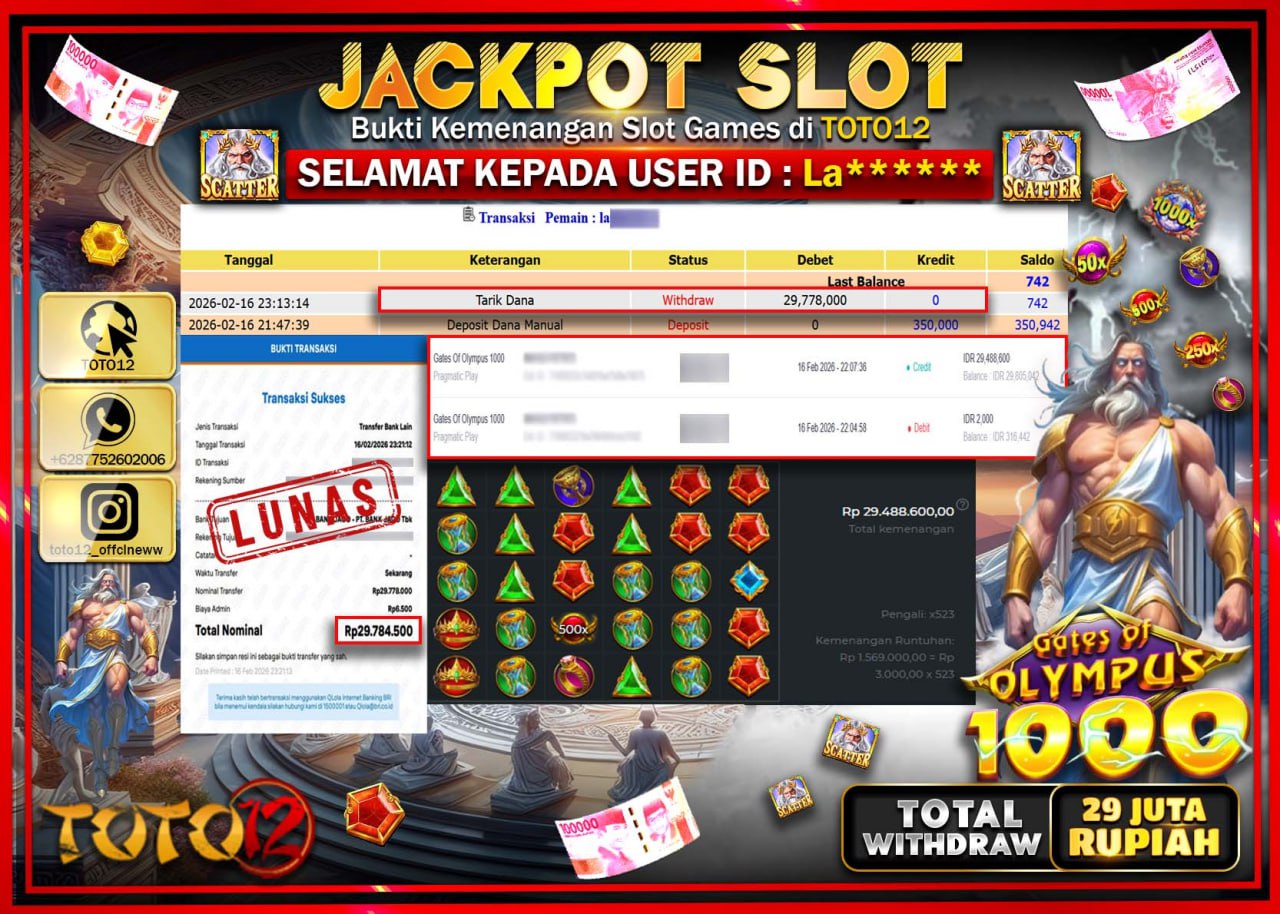 HANYA DI TOTO12 JP PASTI DI BAYAR LUNAS DAN CEPAT!!!!!! JACKPOT SLOT GAME (GATES OF OLYMPUS 1000) Rp.29.778.000!!!!