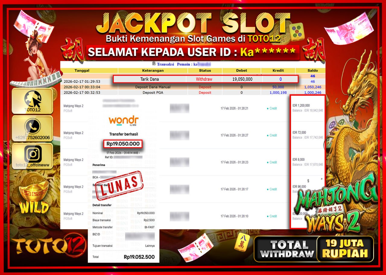 HANYA DI TOTO12 JP PASTI DI BAYAR LUNAS DAN CEPAT!!!!!! JACKPOT SLOT GAME (MAHJONG WAYS 2) Rp.19.050..000!!!!
