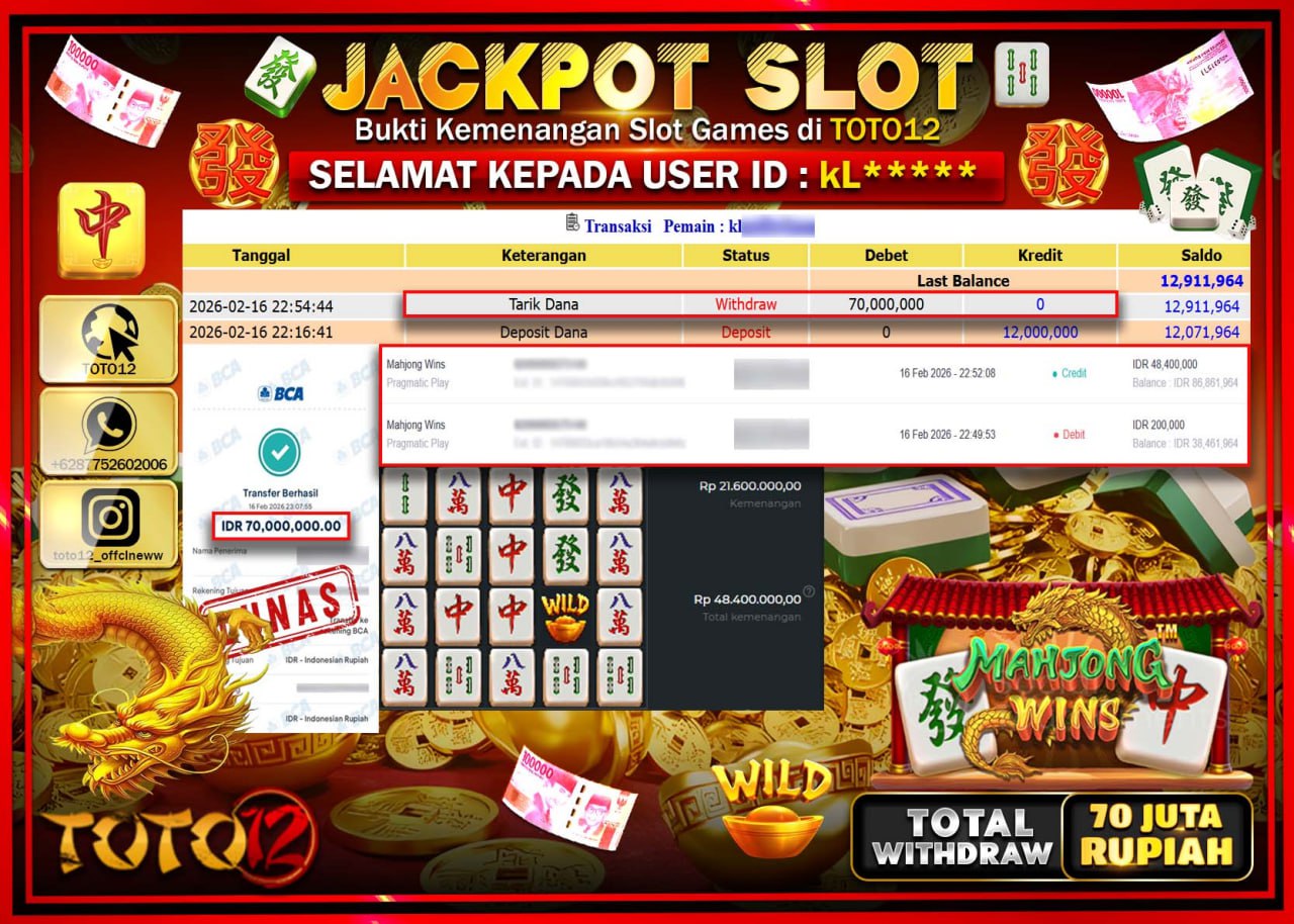 HANYA DI TOTO12 JP PASTI DI BAYAR LUNAS DAN CEPAT!!!!!! JACKPOT SLOT GAME (MAHJONG WINS) Rp.70.000.000!!!!