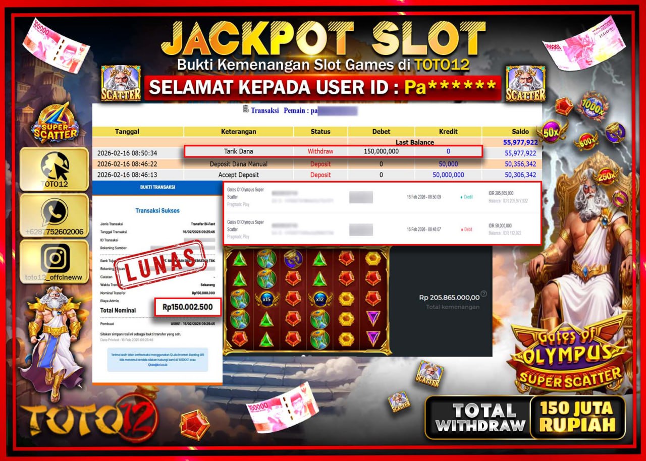 HANYA DI TOTO12 JP PASTI DI BAYAR LUNAS DAN CEPAT!!!!!! JACKPOT SLOT GAME (GATES OF OLYMPUS SUPER SCATTER) Rp.150.000.000!!!!