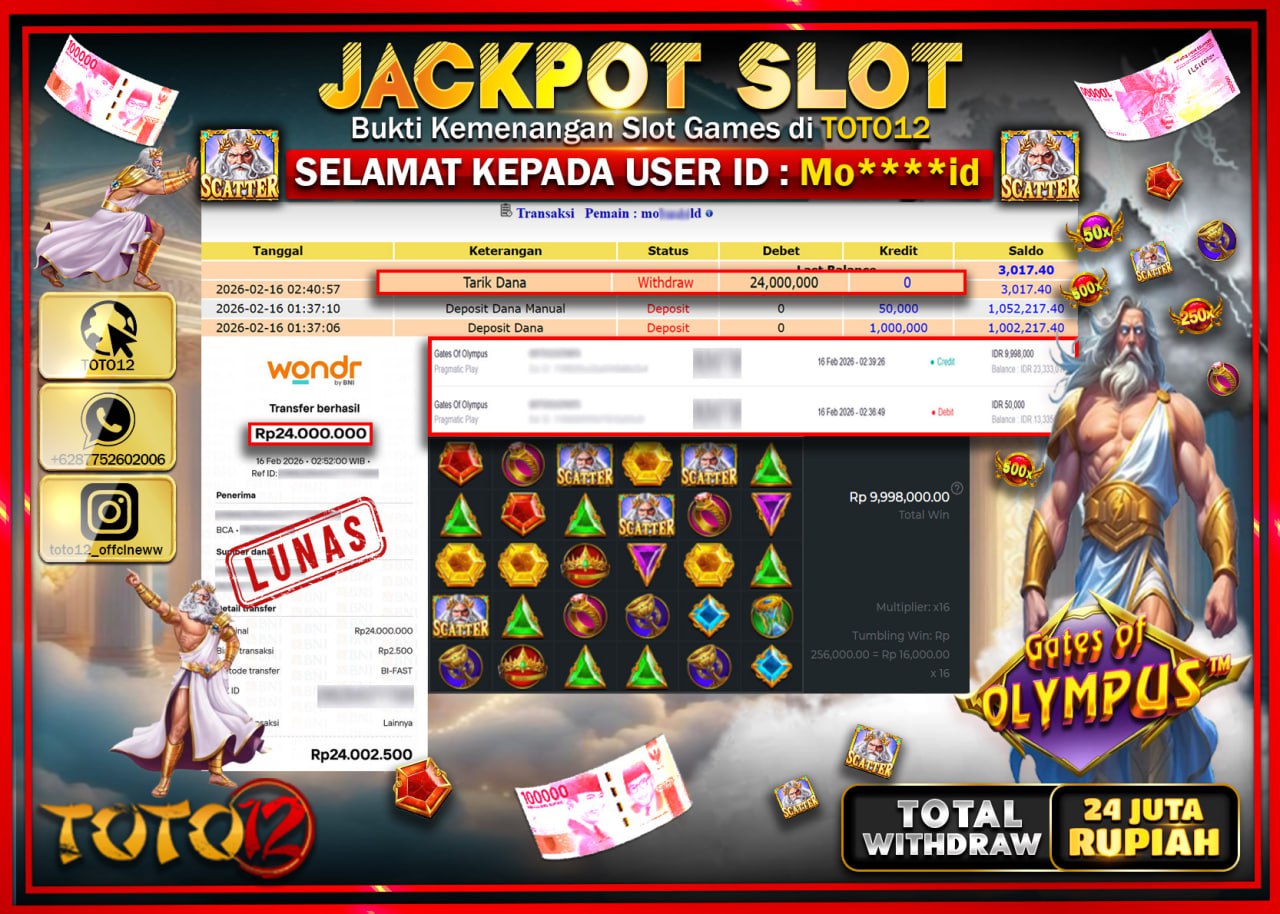 HANYA DI TOTO12 JP PASTI DI BAYAR LUNAS DAN CEPAT!!!!!! JACKPOT SLOT GAME (GATES OF OLYMPUS ) Rp.24.000.000.!!!!