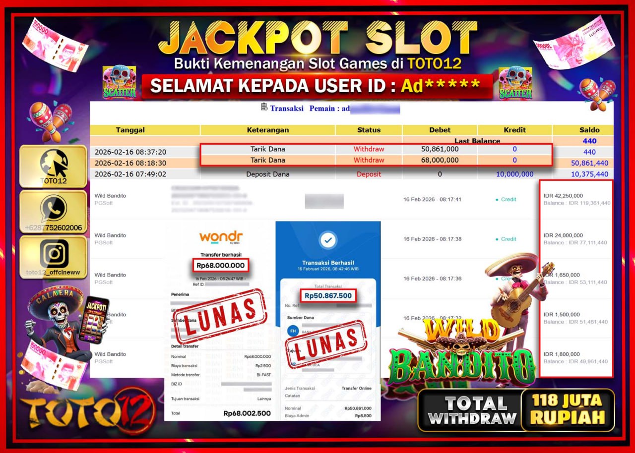 HANYA DI TOTO12 JP PASTI DI BAYAR LUNAS DAN CEPAT!!!!!! JACKPOT SLOT GAME (WILD BANDITO) Rp.118.861.000!!!!