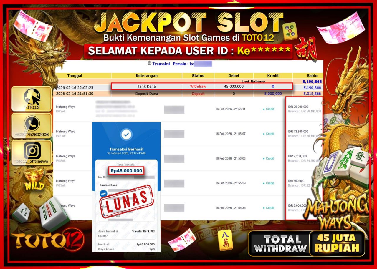 HANYA DI TOTO12 JP PASTI DI BAYAR LUNAS DAN CEPAT!!!!!! JACKPOT SLOT GAME (MAHJONG WAYS) Rp.45.000.000!!!!