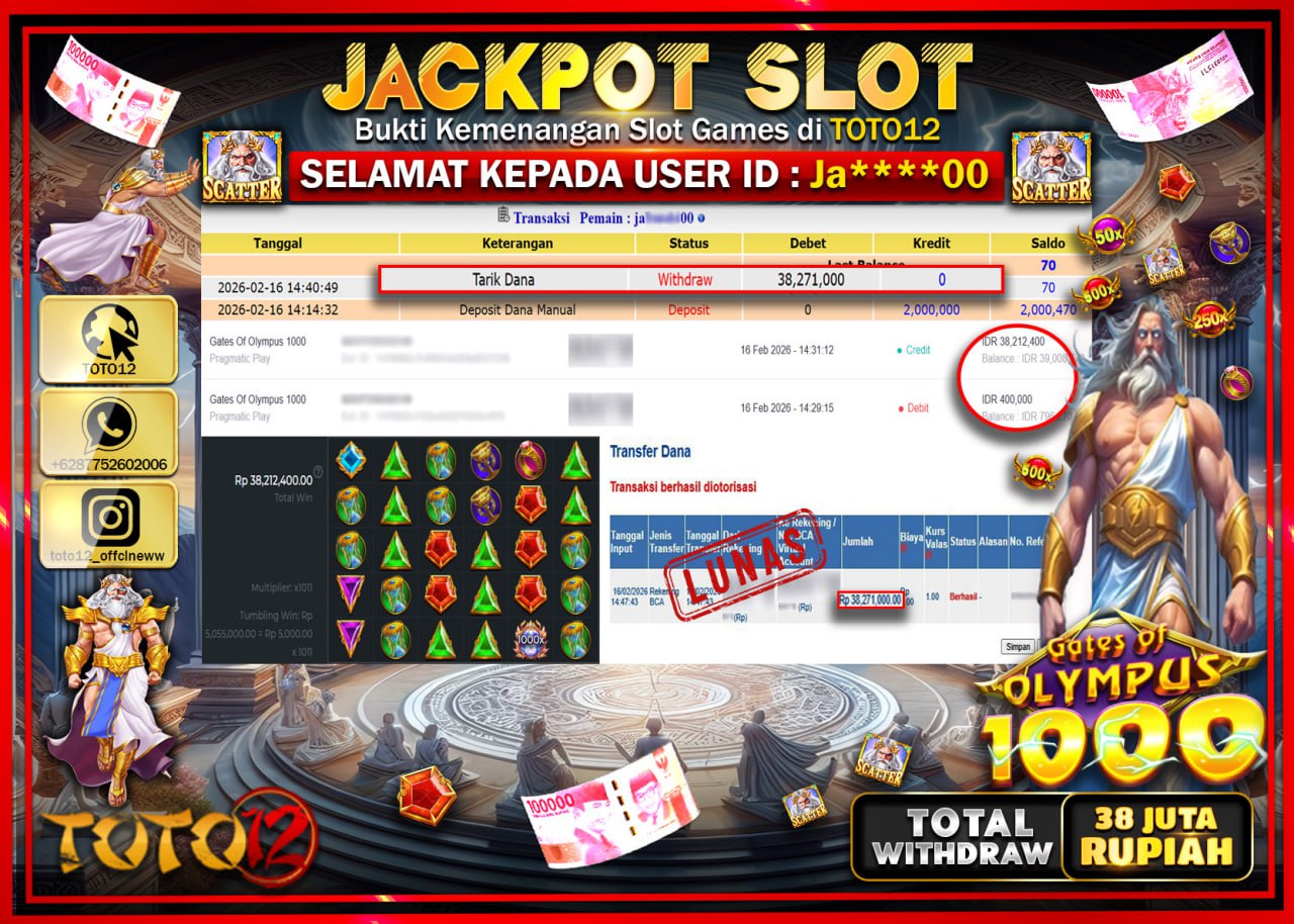 HANYA DI TOTO12 JP PASTI DI BAYAR LUNAS DAN CEPAT!!!!!! JACKPOT SLOT GAME (GATES OF OLYMPUS 10000) Rp.38.271.000!!!!