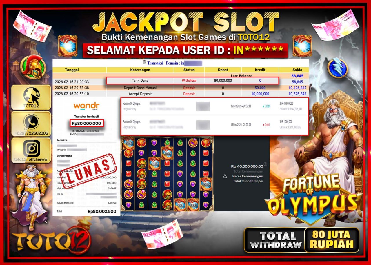 HANYA DI TOTO12 JP PASTI DI BAYAR LUNAS DAN CEPAT!!!!!! JACKPOT SLOT GAME (FORTUNE OF OLYMPUS) Rp.80.000.000!!!!