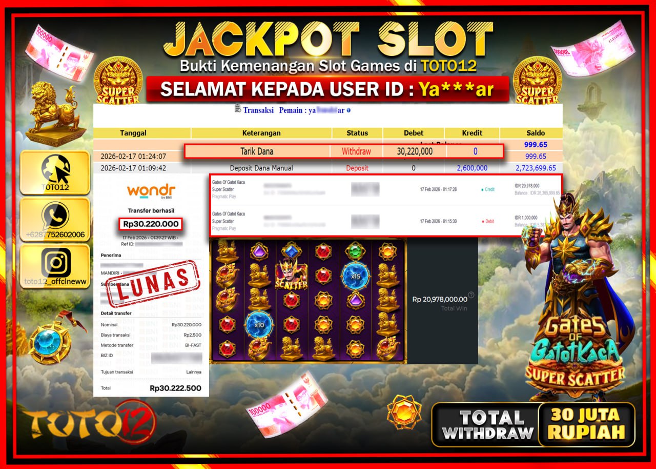 HANYA DI TOTO12 JP PASTI DI BAYAR LUNAS DAN CEPAT!!!!!! JACKPOT SLOT GAME (GATES OF GATOTKACA SUPER SCATTER) Rp.30.220.000!!!!