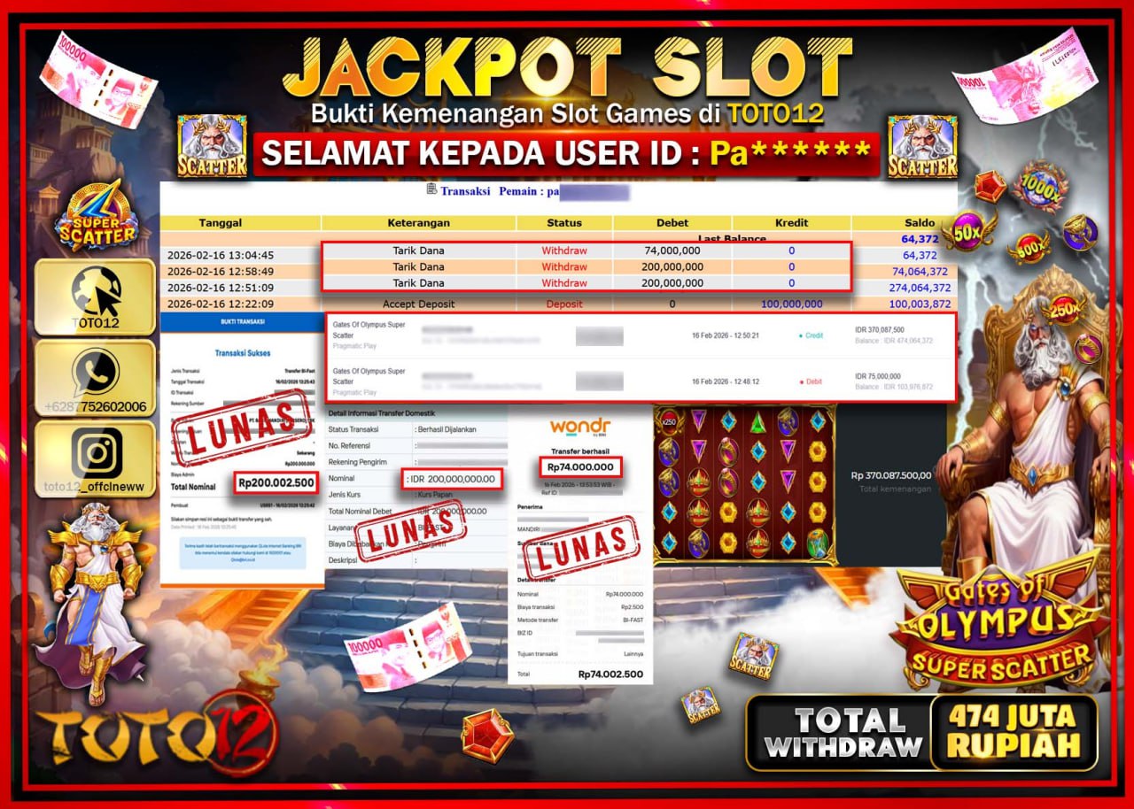 HANYA DI TOTO12 JP PASTI DI BAYAR LUNAS DAN CEPAT!!!!!! JACKPOT SLOT GAME (GATES OF OLYMPUS SUPER SCATTER) Rp.474.000.000!!!!