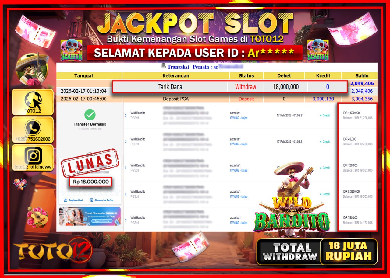 HANYA DI TOTO12 JP PASTI DI BAYAR LUNAS DAN CEPAT!!!!!! JACKPOT SLOT GAME (WILD BANDITO ) Rp.18.000.000.!!!!