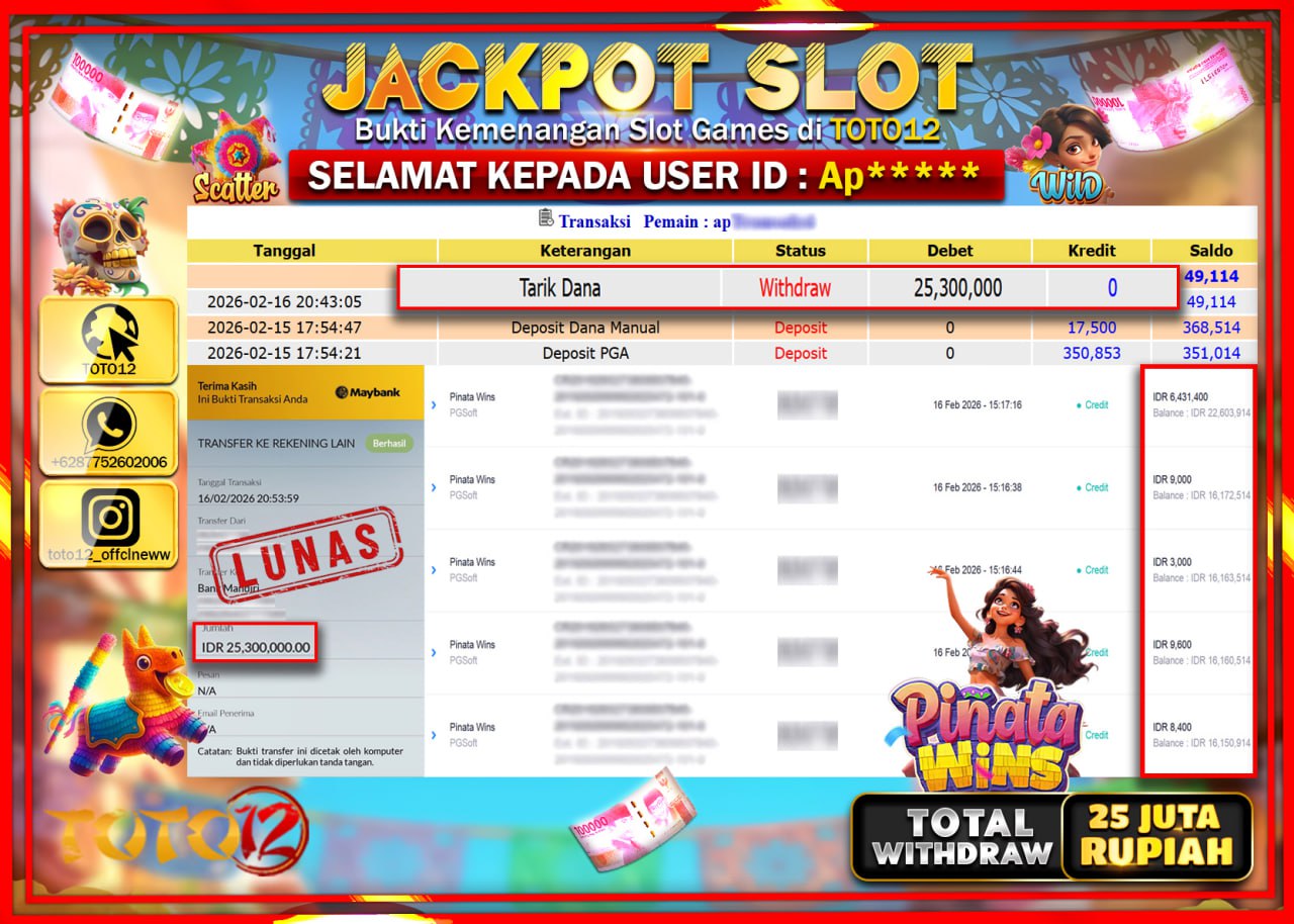 HANYA DI TOTO12 JP PASTI DI BAYAR LUNAS DAN CEPAT!!!!!! JACKPOT SLOT GAME (PINATA WINS) Rp.25.300.000!!!!