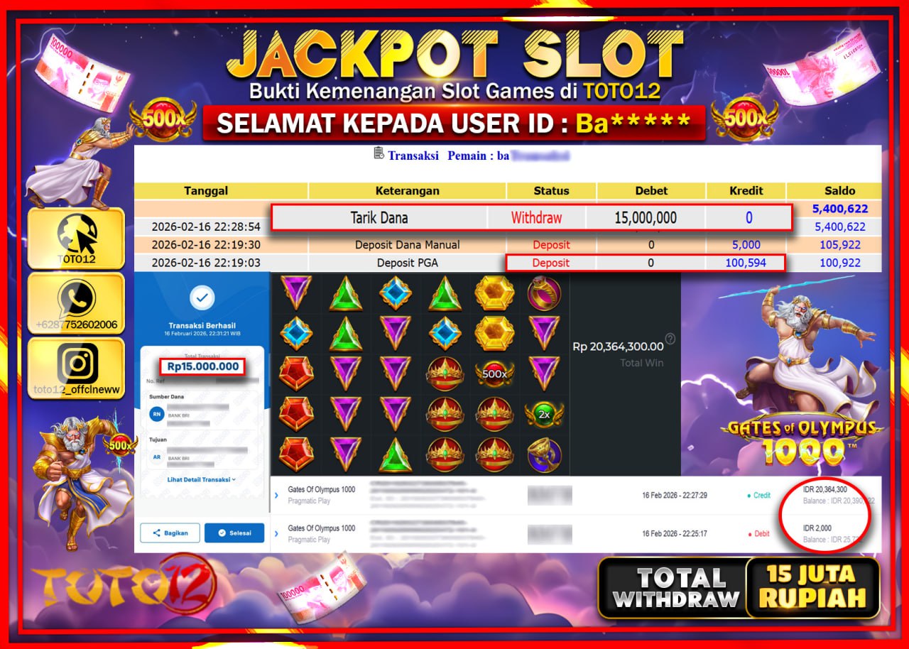 HANYA DI TOTO12 JP PASTI DI BAYAR LUNAS DAN CEPAT!!!!!! JACKPOT SLOT GAME (GATE OF OLYMPUS 1000 ) Rp.15.000.000.!!!!