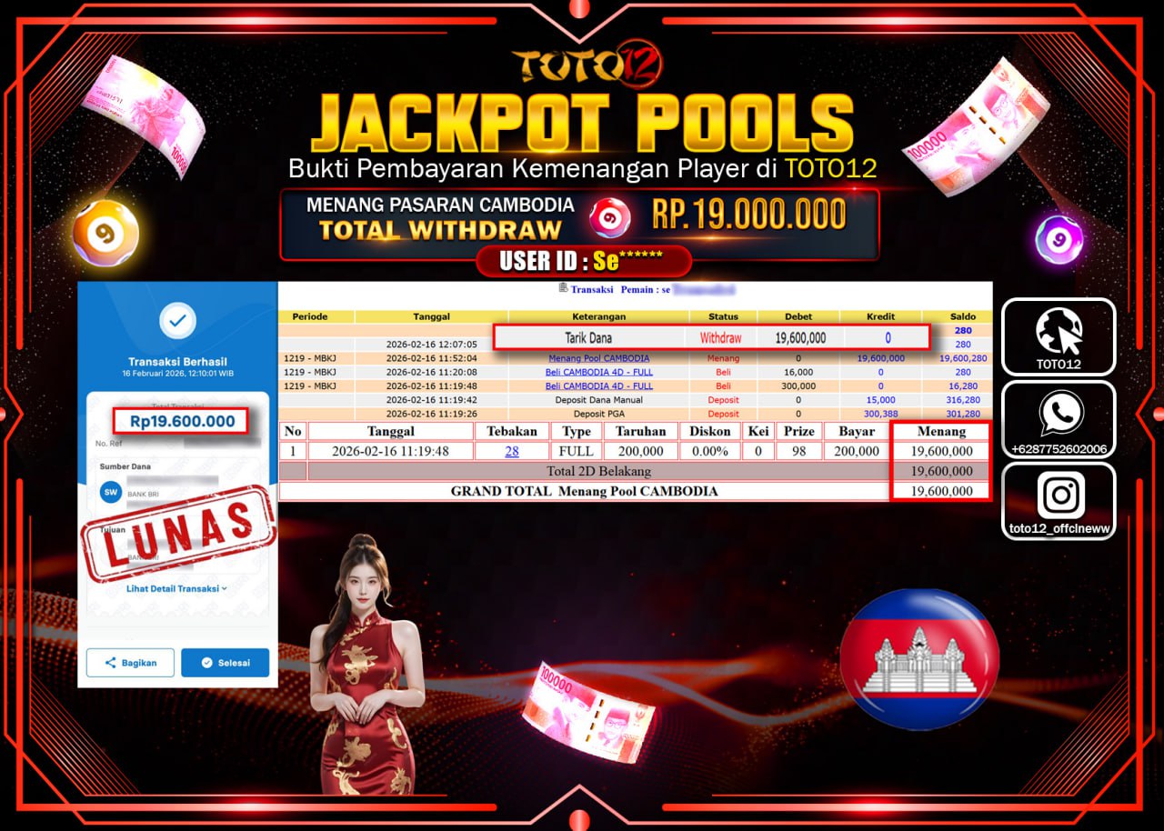 HANYA DI TOTO12 JP PASTI DI BAYAR LUNAS DAN CEPAT!!!!!! JACKPOT POOLS PASARAN (CAMBODIA) Rp.19.000.000!!!!