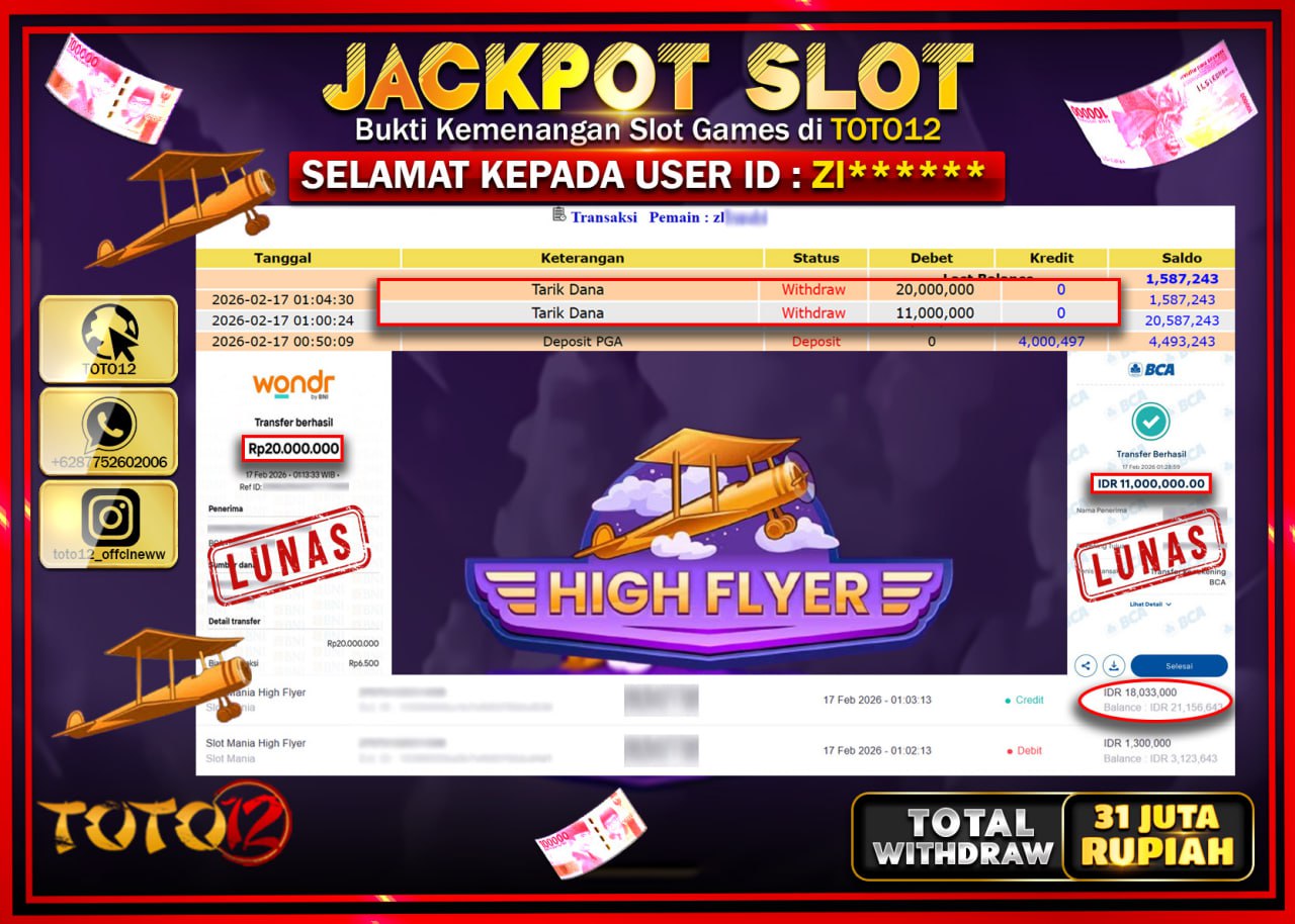 HANYA DI TOTO12 JP PASTI DI BAYAR LUNAS DAN CEPAT!!!!!! JACKPOT SLOT GAME (HIGH FLYER) Rp.31.000.000!!!!