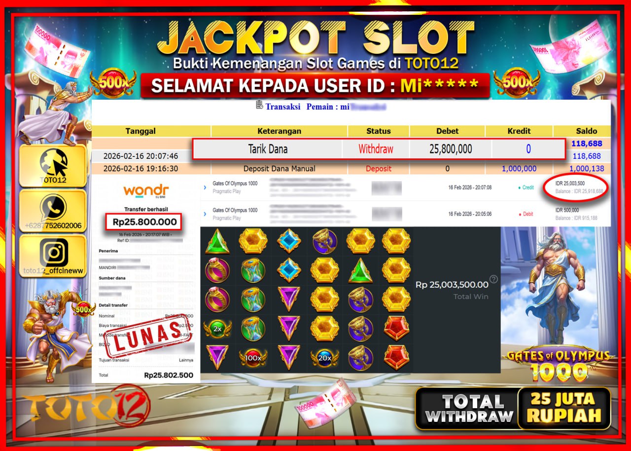 HANYA DI TOTO12 JP PASTI DI BAYAR LUNAS DAN CEPAT!!!!!! JACKPOT SLOT GAME (GATES OF OLYMPUS 1000) Rp.25.800.000!!!!