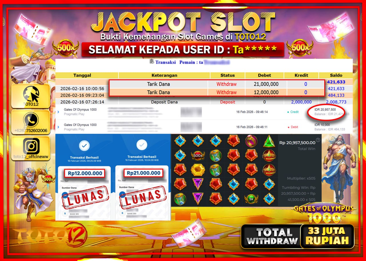 HANYA DI TOTO12 JP PASTI DI BAYAR LUNAS DAN CEPAT!!!!!! JACKPOT SLOT GAME (GATES OF OLYMPUS 1000) Rp.33.000.000!!!!