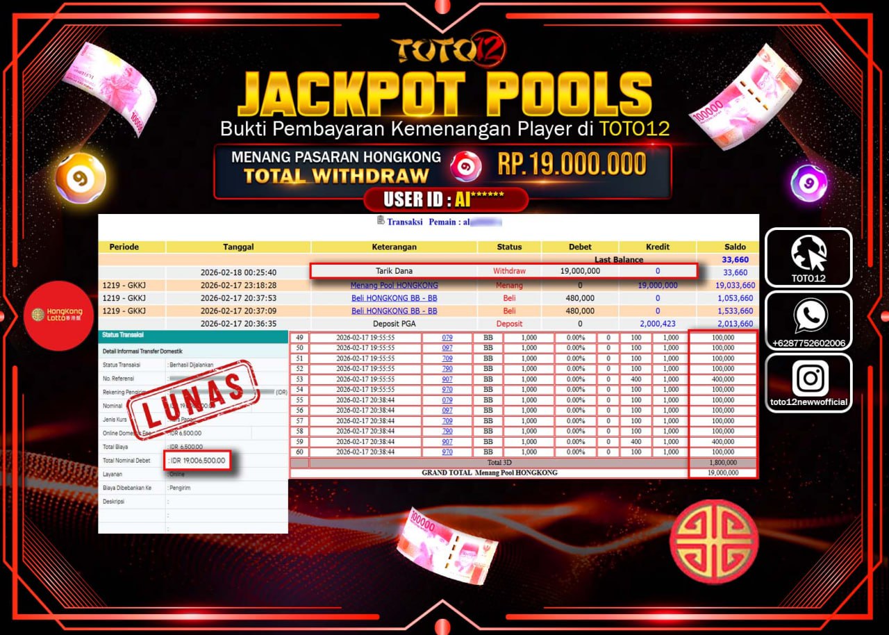HANYA DI TOTO12 JP PASTI DI BAYAR LUNAS DAN CEPAT!!!!!! JACKPOT POOLS PASARAN (HONGKONG) Rp.19.000.000!!!!