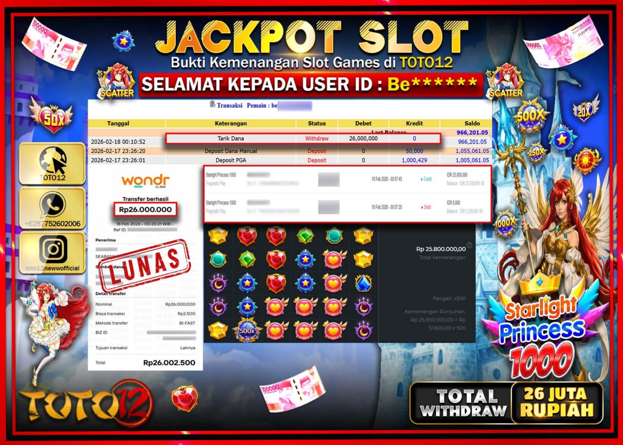 HANYA DI TOTO12 JP PASTI DI BAYAR LUNAS DAN CEPAT!!!!!! JACKPOT SLOT GAME (STARLIGHT PRINCESS 1000) Rp.26.000.000!!!!