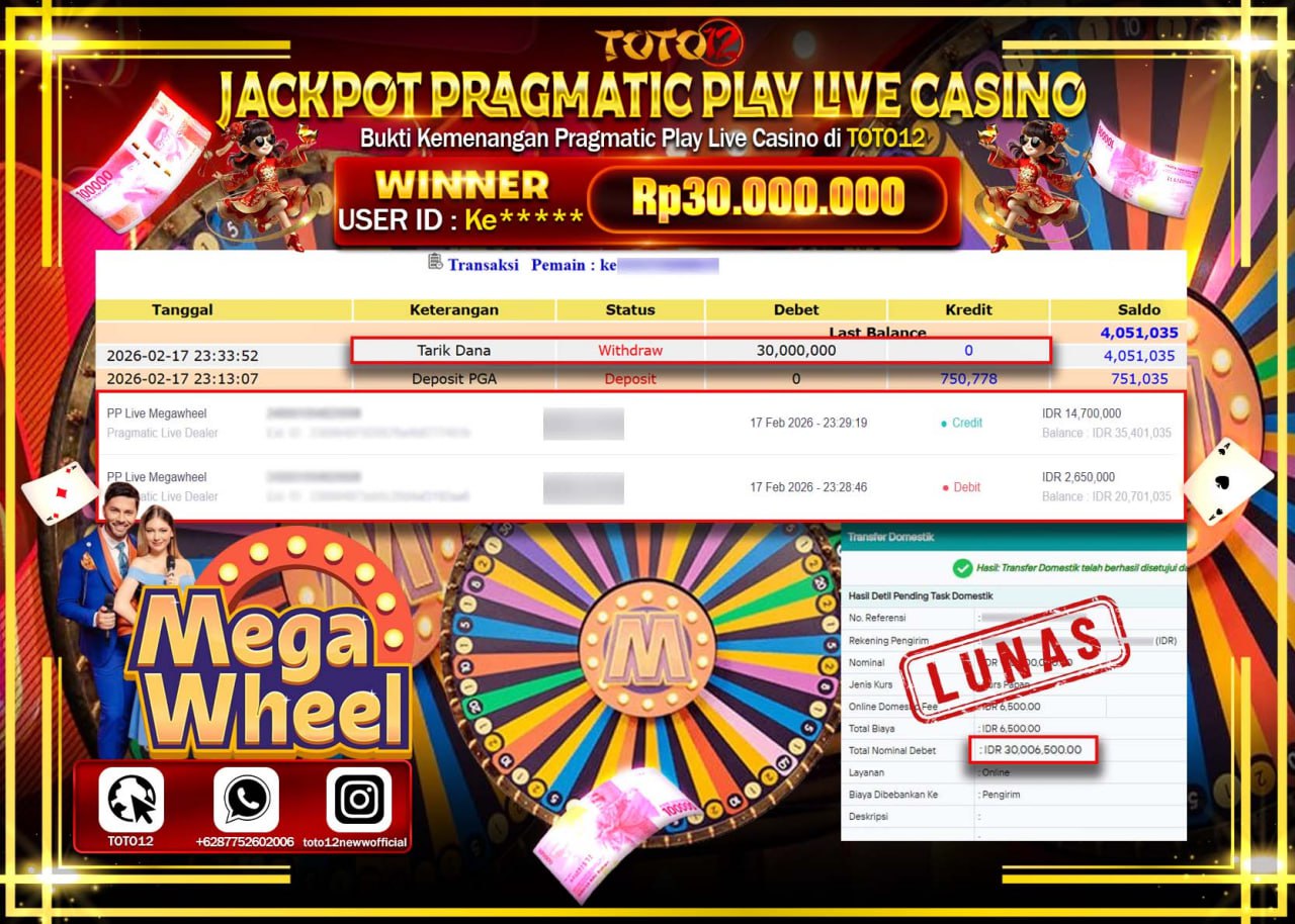 HANYA DI TOTO12 JP PASTI DI BAYAR LUNAS DAN CEPAT!!!!!! JACKPOT PRAGMATICK PLAY LIVE GAME CASINO (MEGA WHEEL ) Rp.30.000.000!!!!