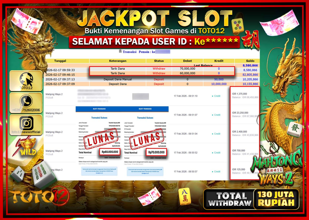 HANYA DI TOTO12 JP PASTI DI BAYAR LUNAS DAN CEPAT!!!!!! JACKPOT SLOT GAME (MAHJONG WAYS 2) Rp.130.000.000!!!!