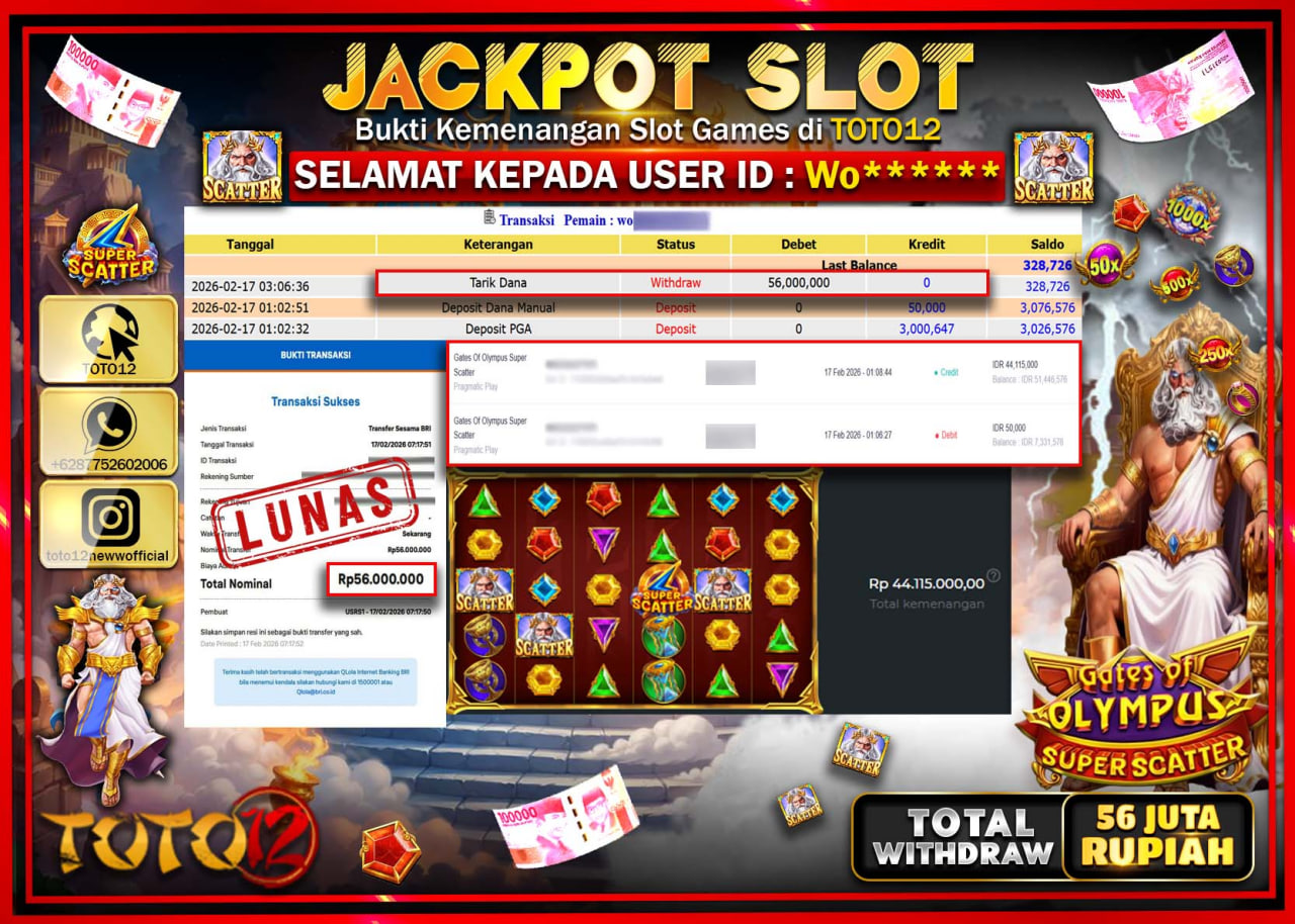 HANYA DI TOTO12 JP PASTI DI BAYAR LUNAS DAN CEPAT!!!!!! JACKPOT SLOT GAME (GATES OF OLYMPUS SUPER  SCATTER ) Rp.56.000.000!!!!