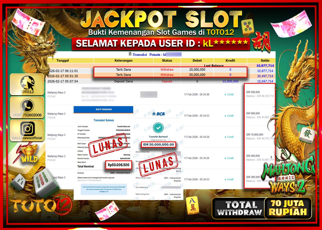 HANYA DI TOTO12 JP PASTI DI BAYAR LUNAS DAN CEPAT!!!!!! JACKPOT SLOT GAME (MAHJONG WAYS 2) Rp.70.000.000!!!!