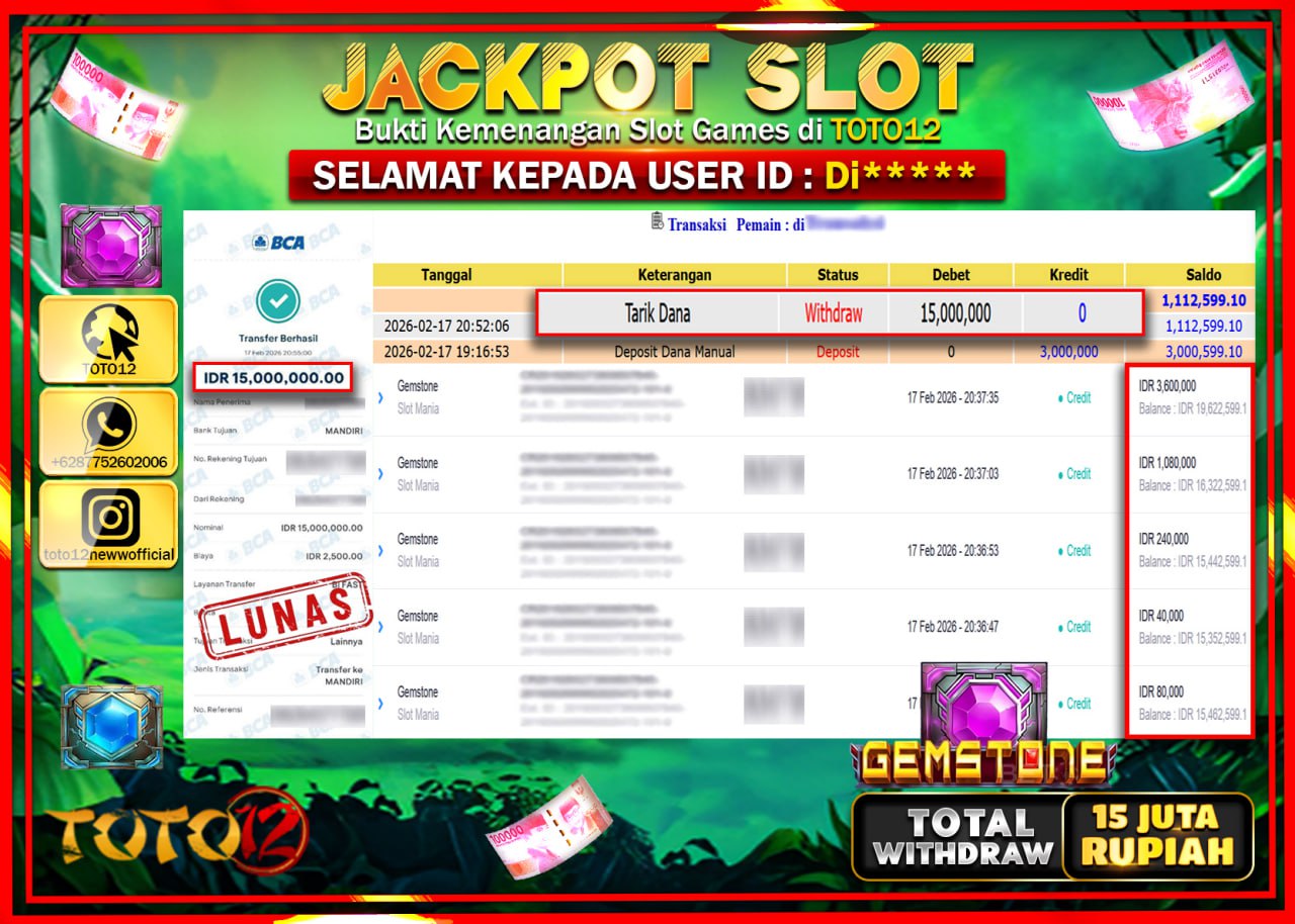 HANYA DI TOTO12 JP PASTI DI BAYAR LUNAS DAN CEPAT!!!!!! JACKPOT SLOT GAME (GEMSTONE) Rp.15.000.000!!!!