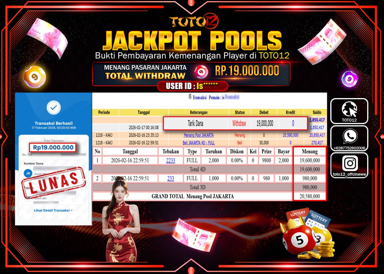 HANYA DI TOTO12 JP PASTI DI BAYAR LUNAS DAN CEPAT!!!!!! JACKPOT POOLS PASARAN (JAKARTA) Rp.19.000.000!!!!