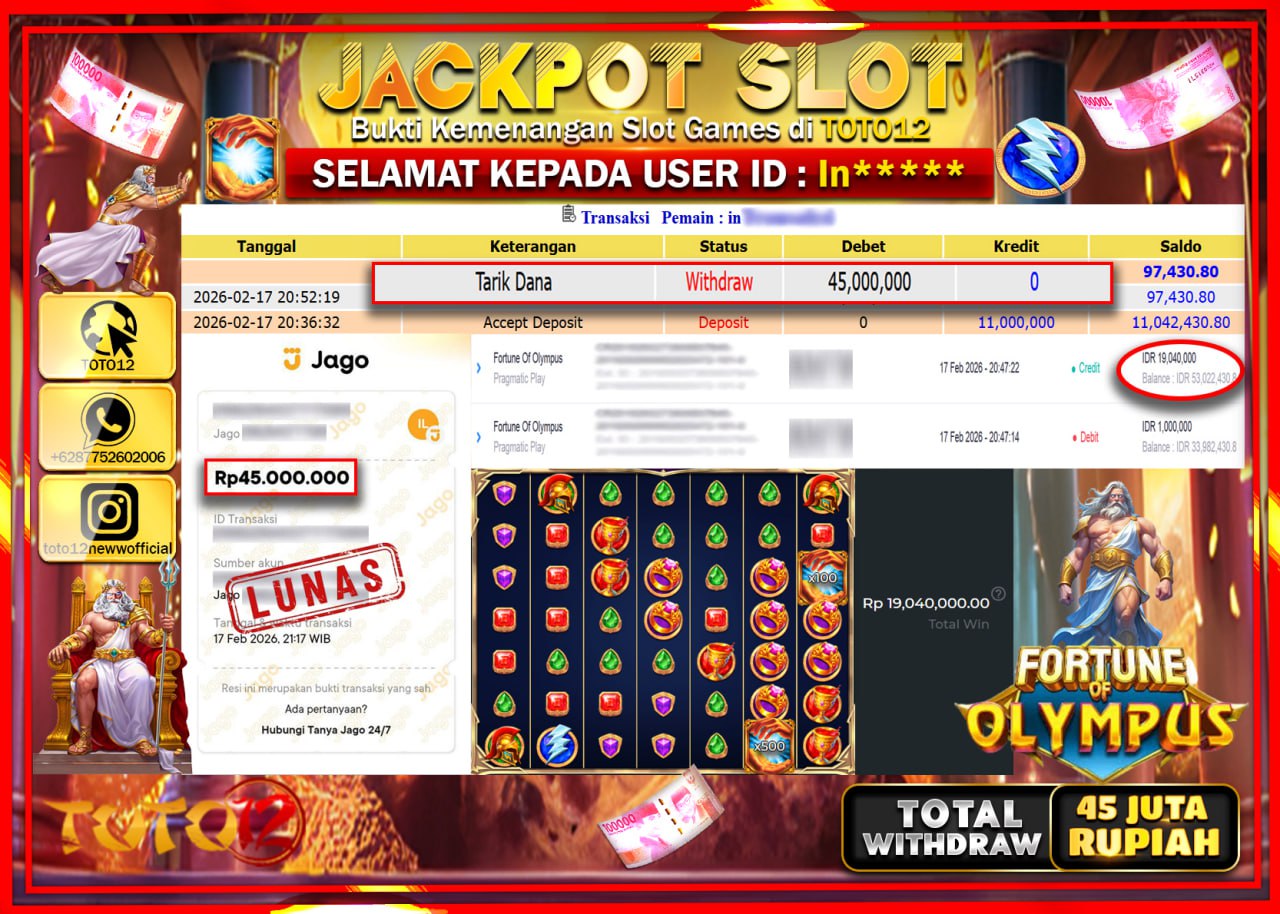 HANYA DI TOTO12 JP PASTI DI BAYAR LUNAS DAN CEPAT!!!!!! JACKPOT SLOT GAME (FORTUNE OF OLYMPUS) Rp.45.000.000!!!!