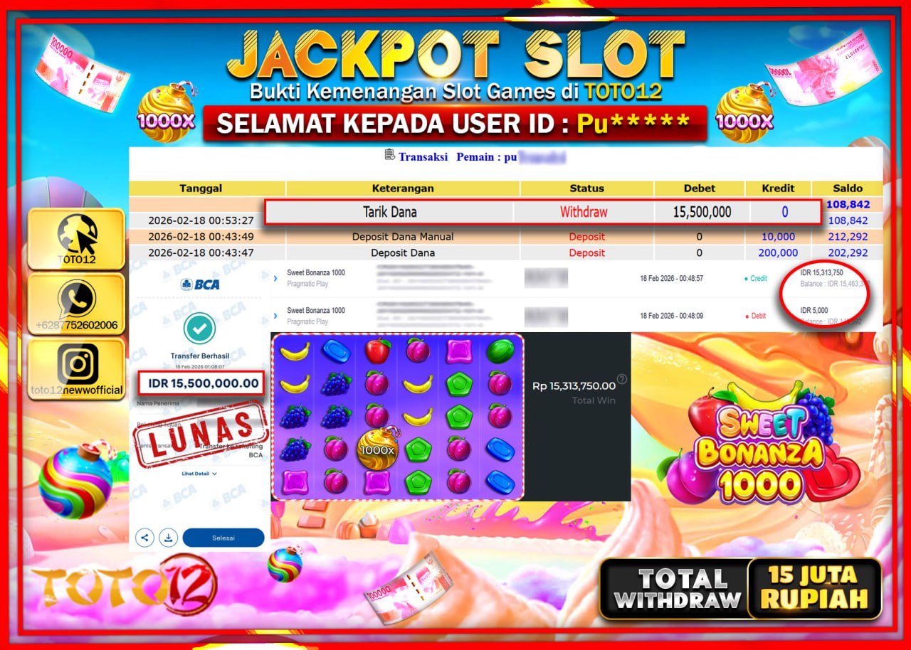 HANYA DI TOTO12 JP PASTI DI BAYAR LUNAS DAN CEPAT!!!!!! JACKPOT SLOT GAME (SWEET BONANZA 1000) Rp.15.500.000!!!!