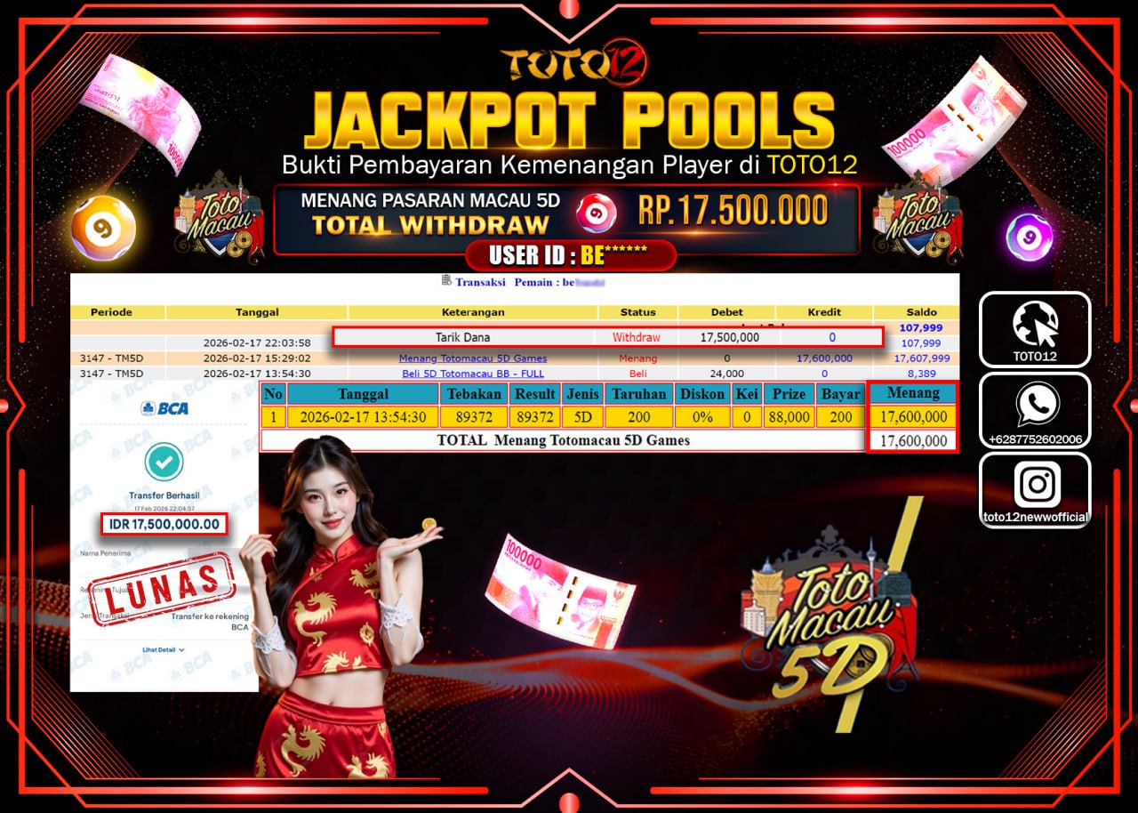 HANYA DI TOTO12 JP PASTI DI BAYAR LUNAS DAN CEPAT!!!!!! JACKPOT POOLS PASARAN (MACAU5D) Rp.17.500.000!!!!