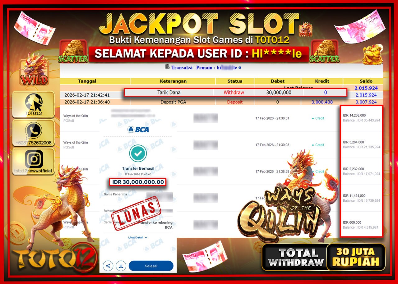 HANYA DI TOTO12 JP PASTI DI BAYAR LUNAS DAN CEPAT!!!!!! JACKPOT SLOT GAME (WAYS OF THE QILIN) Rp.30.000.000!!!!