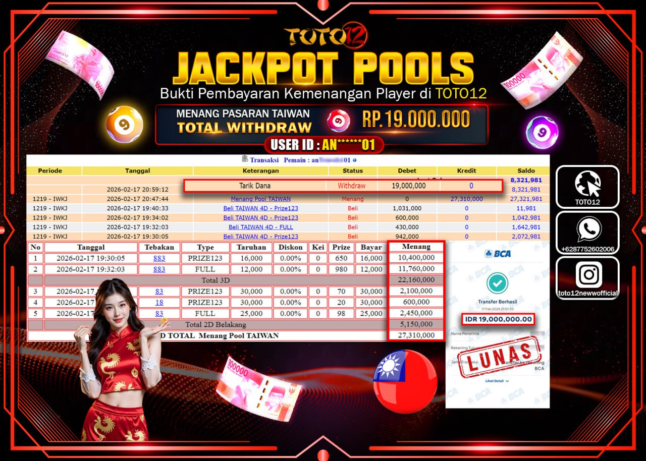 HANYA DI TOTO12 JP PASTI DI BAYAR LUNAS DAN CEPAT!!!!!! JACKPOT POOLS PASARAN (TAIWAN) Rp.19.000.000!!!!