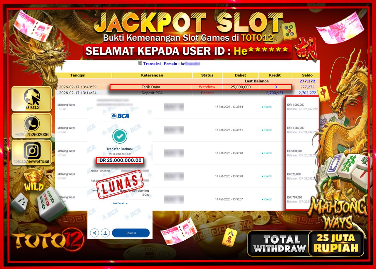 HANYA DI TOTO12 JP PASTI DI BAYAR LUNAS DAN CEPAT!!!!!! JACKPOT SLOT GAME (MAHJONG WAYS) Rp.25.000.000!!!!