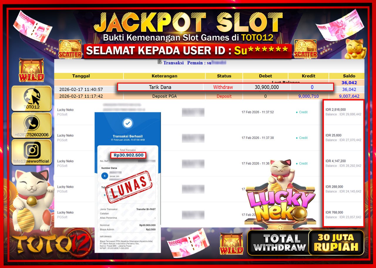 HANYA DI TOTO12 JP PASTI DI BAYAR LUNAS DAN CEPAT!!!!!! JACKPOT SLOT GAME (LUCKY NEKO) Rp.30.900.000!!!!