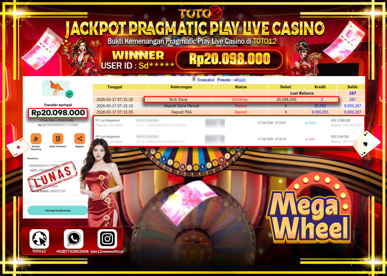 HANYA DI TOTO12 JP PASTI DI BAYAR LUNAS DAN CEPAT!!!!!! JACKPOT PRAGMATICK PLAY LIVE GAME CASINO (MEGA WHEEL ) Rp.20.098.000!!!!