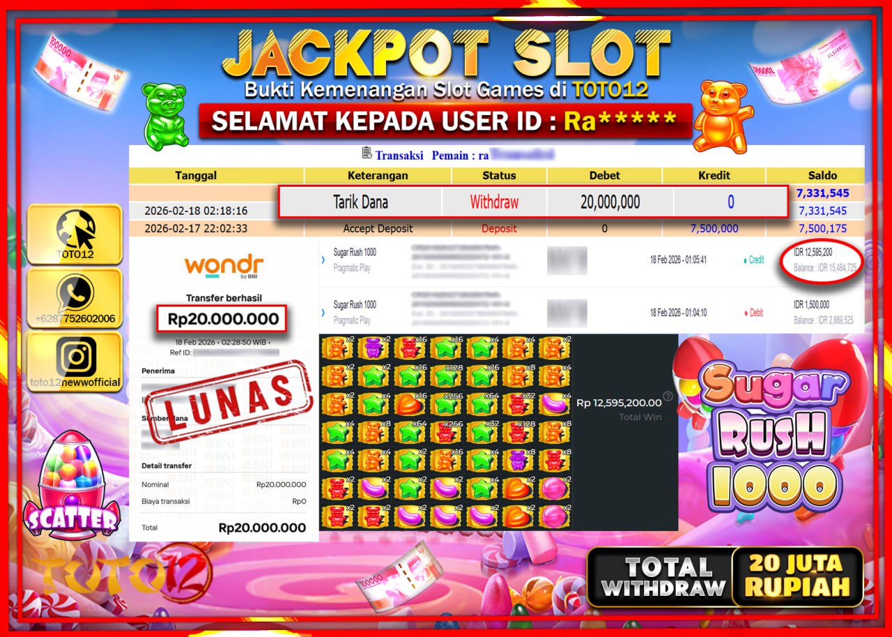 HANYA DI TOTO12 JP PASTI DI BAYAR LUNAS DAN CEPAT!!!!!! JACKPOT SLOT GAME (SUGAR RUSH 1000) Rp.20.000.000!!!!