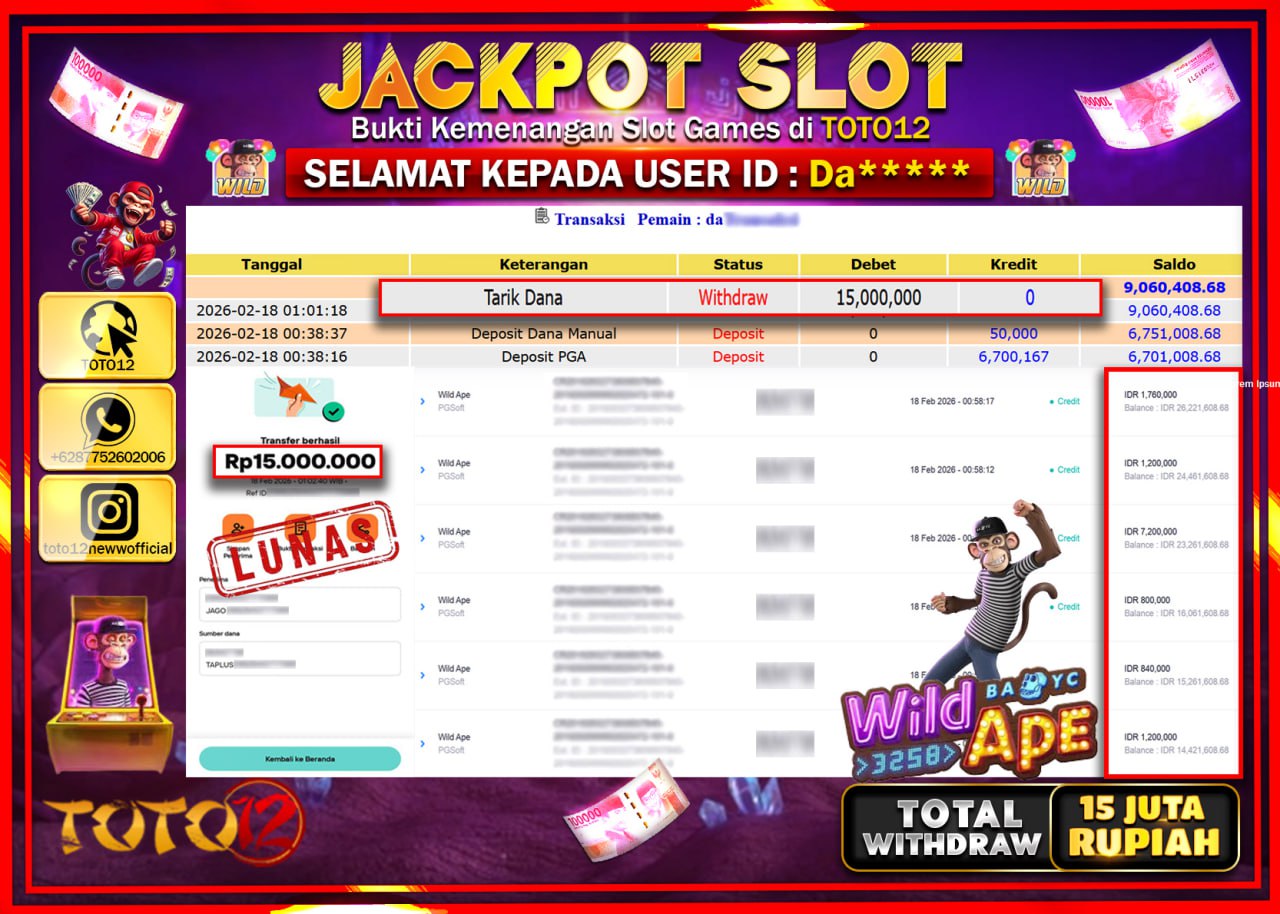 HANYA DI TOTO12 JP PASTI DI BAYAR LUNAS DAN CEPAT!!!!!! JACKPOT SLOT GAME (WILD APE) Rp.15.000.000!!!!