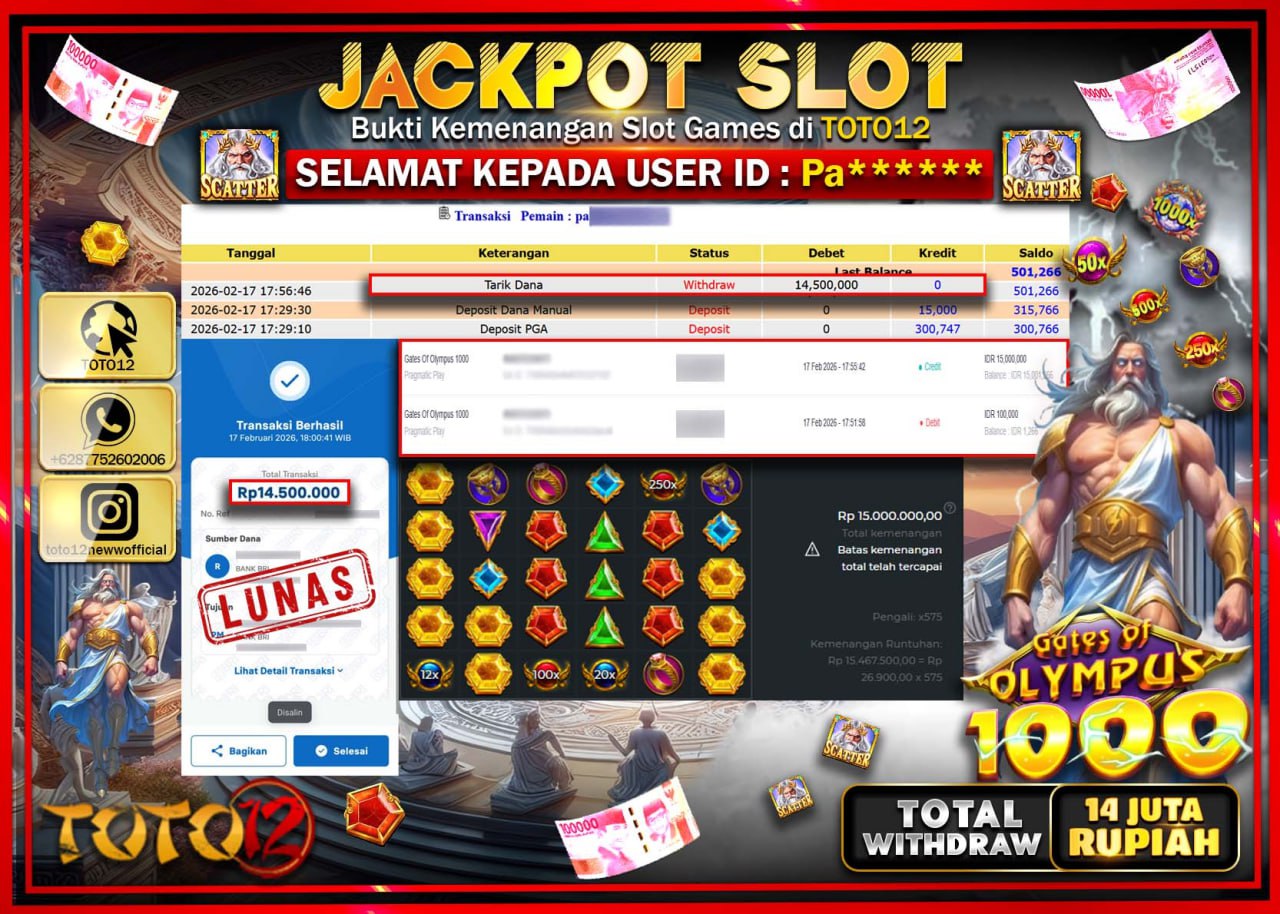 HANYA DI TOTO12 JP PASTI DI BAYAR LUNAS DAN CEPAT!!!!!! JACKPOT SLOT GAME (GATES OF OLYMPUS 1000) Rp.14.500.000!!!!