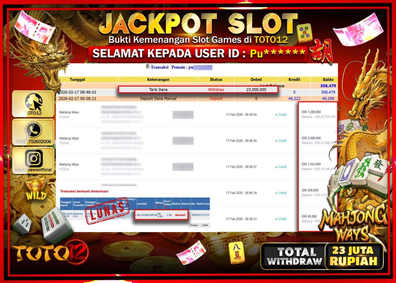 HANYA DI TOTO12 JP PASTI DI BAYAR LUNAS DAN CEPAT!!!!!! JACKPOT SLOT GAME (MAHJONG WAYS) Rp.23.000.000!!!!