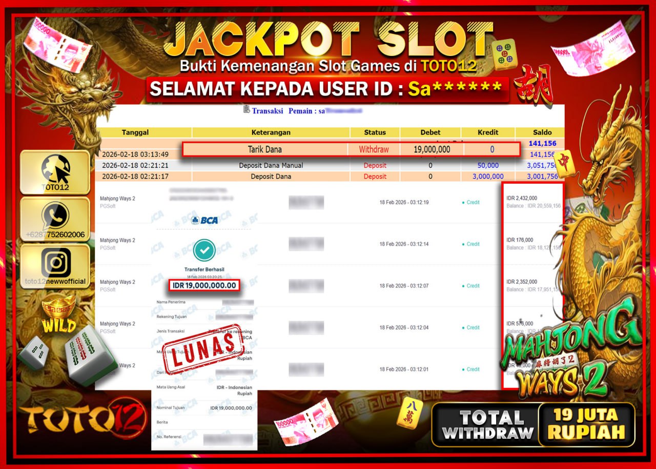 HANYA DI TOTO12 JP PASTI DI BAYAR LUNAS DAN CEPAT!!!!!! JACKPOT SLOT GAME (MAHJONG WAYS 2) Rp.19.000.000!!!!