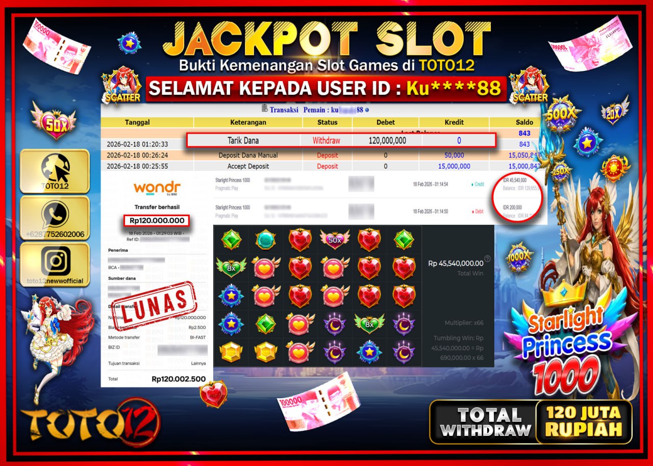 HANYA DI TOTO12 JP PASTI DI BAYAR LUNAS DAN CEPAT!!!!!! JACKPOT SLOT GAME (STARLIGHT PRINCESS 1000) Rp.120.000.000!!!!