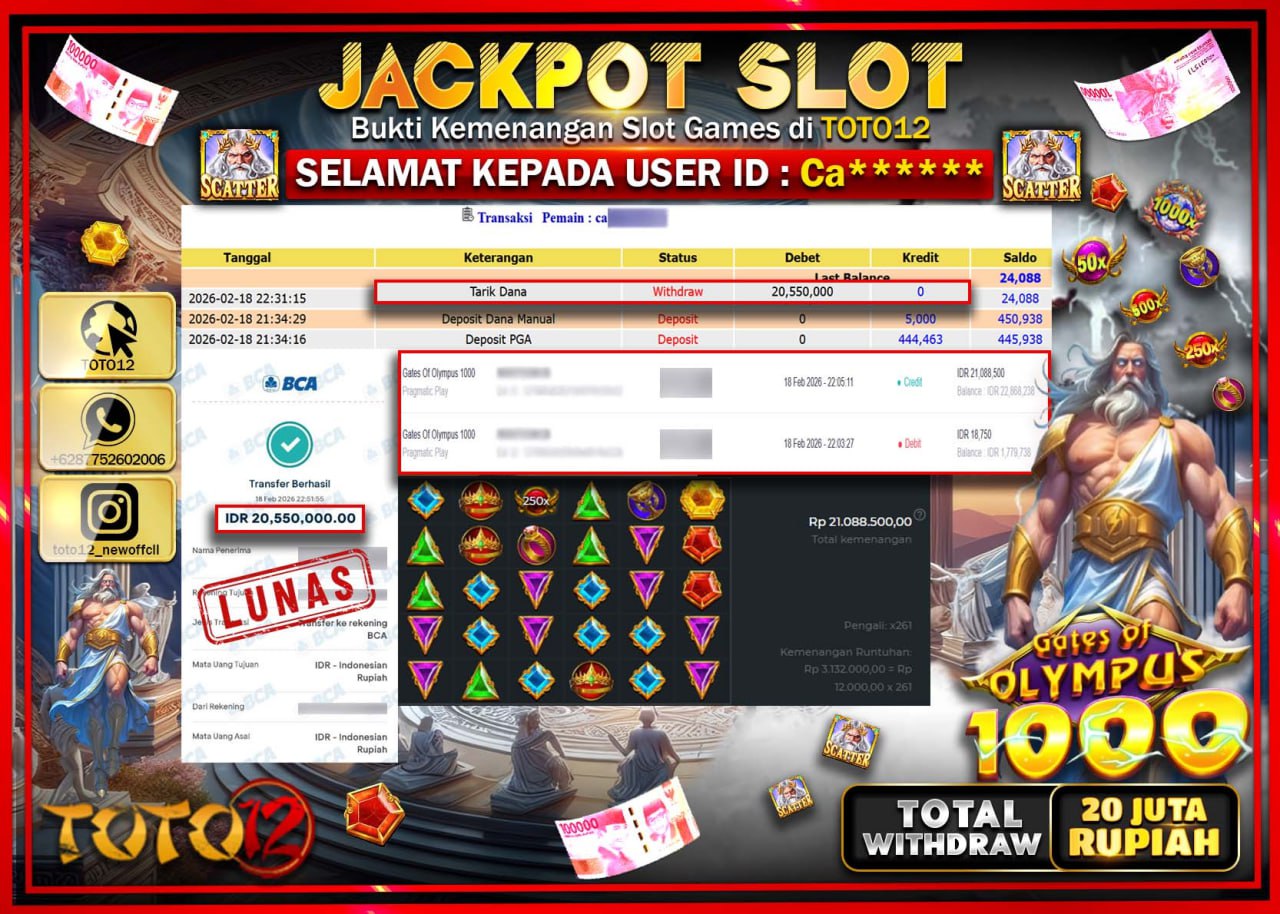 HANYA DI TOTO12 JP PASTI DI BAYAR LUNAS DAN CEPAT!!!!!! JACKPOT SLOT GAME (GATES OF OLYMPUS 1000) Rp.20.550.000!!!!
