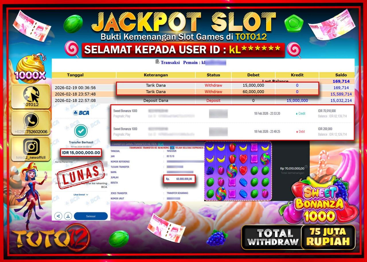 HANYA DI TOTO12 JP PASTI DI BAYAR LUNAS DAN CEPAT!!!!!! JACKPOT SLOT GAME (SWEET BONANZA 1000) Rp.75.000.000!!!!