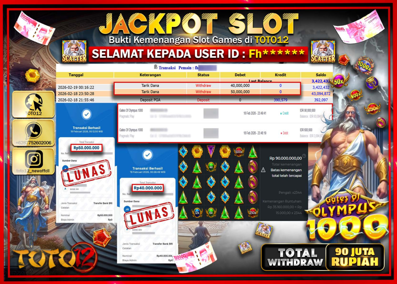 HANYA DI TOTO12 JP PASTI DI BAYAR LUNAS DAN CEPAT!!!!!! JACKPOT SLOT GAME (GATES OF OLYMPUS 1000) Rp.90.000.000!!!!