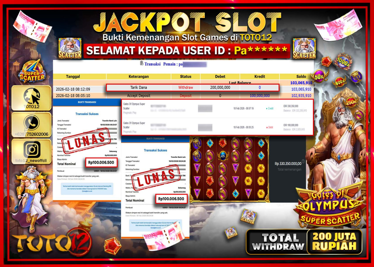 HANYA DI TOTO12 JP PASTI DI BAYAR LUNAS DAN CEPAT!!!!!! JACKPOT SLOT GAME (GATES OF OLYMPUS SUPER SCATTER) Rp.200.000.000!!!!