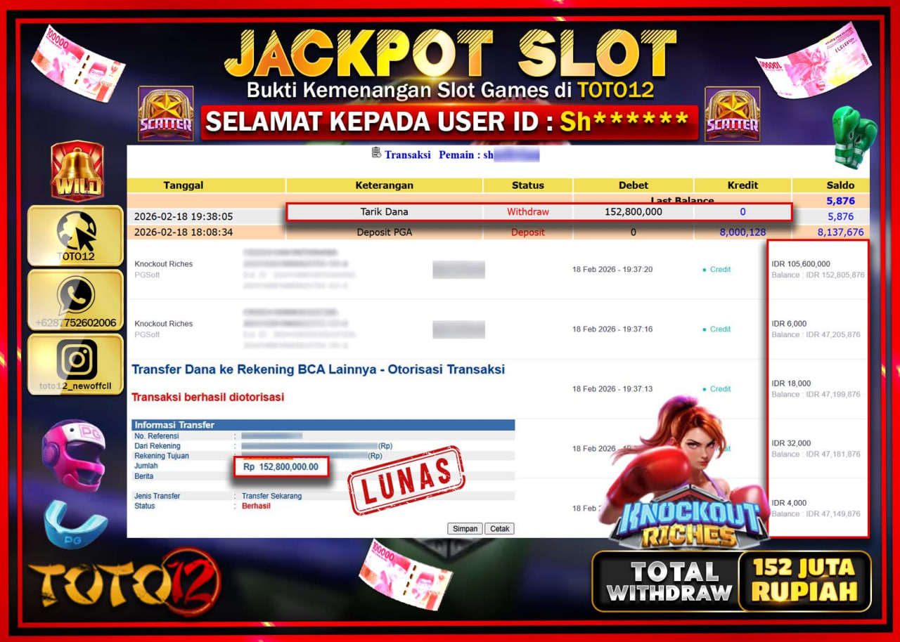 HANYA DI TOTO12 JP PASTI DI BAYAR LUNAS DAN CEPAT!!!!!! JACKPOT SLOT GAME (KHOCKKOUT RICHES) Rp.152.000.000!!!!
