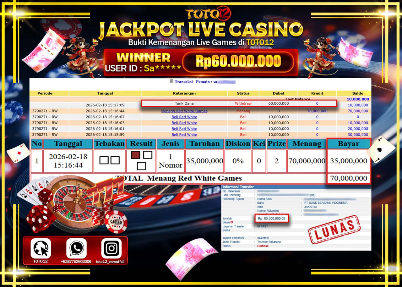 HANYA DI TOTO12 JP PASTI DI BAYAR LUNAS DAN CEPAT!!!!!! JACKPOT LIVE GAMES CASINO(RED WHITE) Rp.60.000.000!!!!